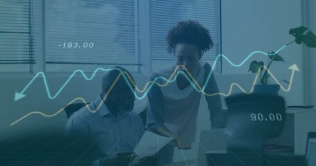 Poster - Analyzing financial data, business professionals with graph animation overlay in office