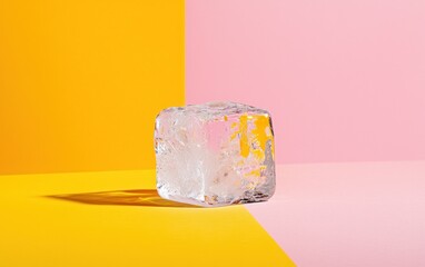 Poster - Close-up of a single ice cube on a vibrant yellow and pink background.  The ice cube is transparent with subtle color variations from the background, casting a shadow. Minimalist and clean aesthetic