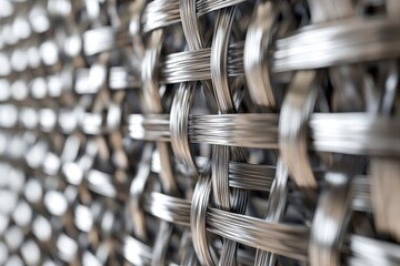 Close-up shows woven steel mesh pattern with a blurred background. Use for industrial, technological, or futuristic designs and backgrounds.