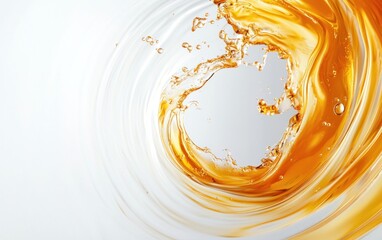 Poster - Amber liquid swirling in a circular motion against a white background. The liquid creates dynamic shapes and textures. Close-up view