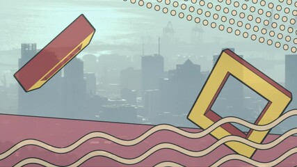 Poster - Animation of abstract geometric shapes over city skyline with cranes in background