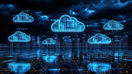 Poster - Digital Cloud Computing over Cityscape at Night