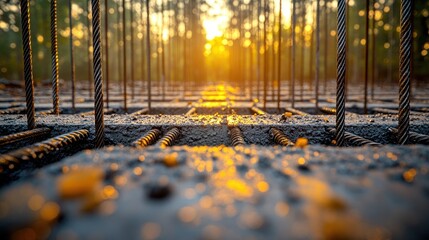 Golden Hour Construction Reinforcing Steel Mesh in Fresh Concrete