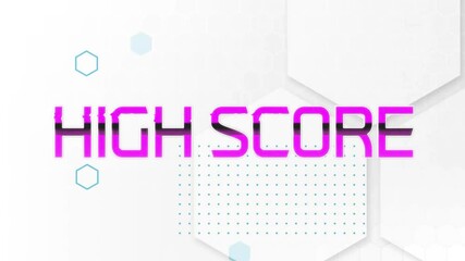 Poster - Bold pink high score animation over geometric white background with dots