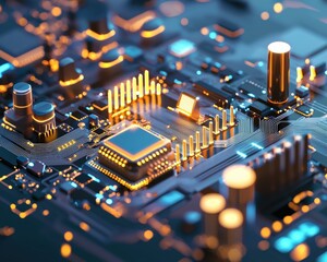 Poster - Explore a close-up view of a circuit board featuring illuminated components and intricate details, showcasing modern technology and innovation in electronics.