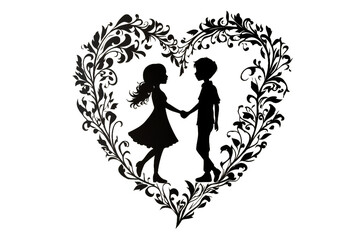 Poster - Silhouette of a boy and girl holding hands inside a floral heart shaped frame on a gray background image art