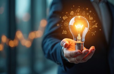 Poster - Businessman holds glowing light bulb with growth graph, financial icons. Concept of financial innovation, technology, new products, services to enhance success, profit. Tech development, idea,