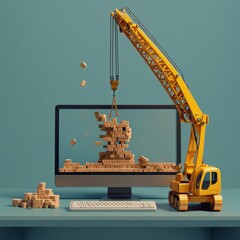 Fototapete - Building a Digital Empire: A Crane Constructing Bricks Inside a Computer Screen, a Metaphor for Website or Software Development.