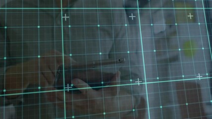 Aufkleber - Using tablet with digital grid overlay, person engaging with animation technology