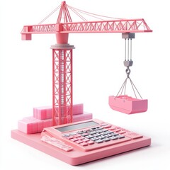 Poster - Financial Engineering: Pink Crane Lifting Loads near a Pink Calculator - Abstract Conceptual Illustration