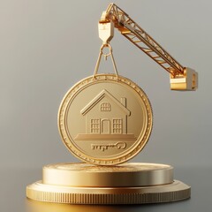 Poster - Golden Opportunities: Crane Lifting Real Estate Investment Coin, Building Wealth and Securing Your Financial Future
