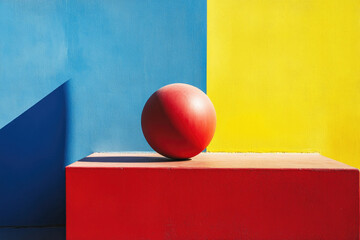 Poster - A vibrant abstract composition featuring a red sphere set against bold blue and yellow backgrounds, evoking energy and creativity.