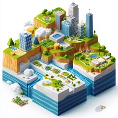 Poster - Isometric View of a Miniature Cityscape with Waterways, Green Spaces, and Modern Architecture - A Sustainable Urban Model