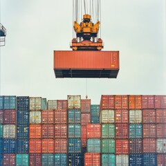 Poster - Shipping Container Crane Lifting Load Above Stacked Cargo Containers in Port Terminal Under a Light Sky.