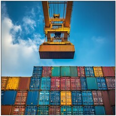 Poster - Shipping Container Handling: A Gantry Crane Lifting a Cargo Container at a Busy Port Terminal