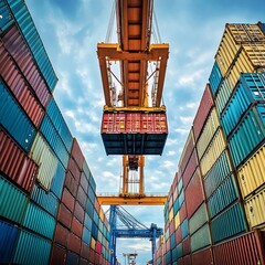 Poster - Shipping Container Loading at Port: Cranes, Stacks, and Sky View for Global Logistics and Distribution