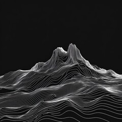 Poster - Striking Topographic Mountainscape in White Lines Against Black, Abstract Digital Art, Modern Minimalist Design