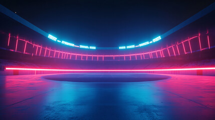 Poster - A futuristic stadium illuminated with neon lights in shades of blue and pink creating a vibrant scene
