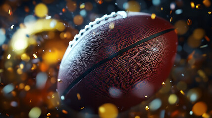 Poster - Close up of an american football with confetti and bokeh lights in the background for a festive event