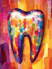 Poster - Colorful mosaic tooth on abstract background with vibrant brushstrokes and gradient colors, concept of dentistry