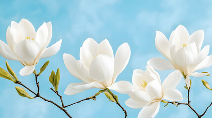 Poster - A serene image of white magnolia flowers against a soft blue sky, showcasing nature's beauty and tranquility