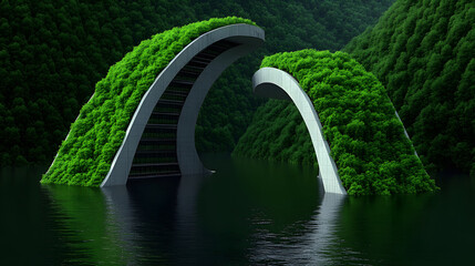 Poster - A futuristic structure resembling arches covered in lush greenery, set amidst tranquil waters and mountains, blending nature with modern architecture