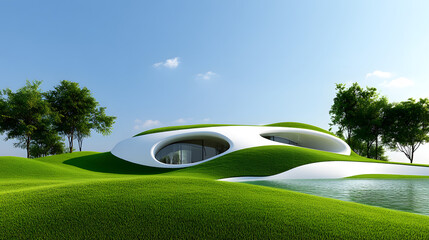 Poster - A modern architectural design featuring a white, organic-shaped building nestled among lush green hills and trees