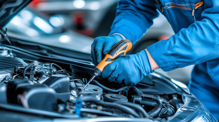 Aufkleber - A mechanic in blue coveralls is using a screwdriver to repair a car engine, showcasing hands-on automotive work with tools and precision