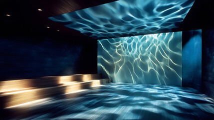 Poster - A serene, modern interior space illuminated with blue light, featuring a textured wall that mimics water reflections, creating a calming atmosphere
