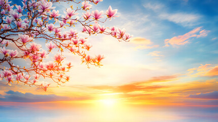 Aufkleber - A serene sunset view with pink magnolia flowers framing the horizon, showcasing vibrant colors reflecting on calm waters