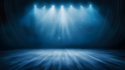 Poster - A dimly lit stage with blue lighting and faint sparkles, creating a dramatic atmosphere perfect for performances