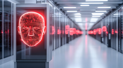 Poster - A futuristic corridor featuring illuminated red digital facial displays, creating a high-tech and eerie atmosphere