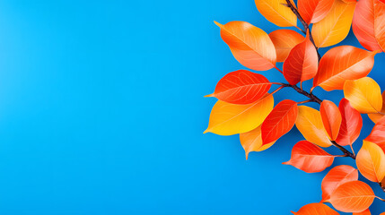 Poster - Vibrant autumn leaves in shades of orange and yellow against a bright blue background, creating a striking contrast and seasonal beauty