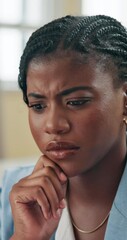 Poster - Business, confused and black woman with thinking in office for creative process, article research or blog ideas. Journalist, solution or feedback review for story editing, problem solving or planning