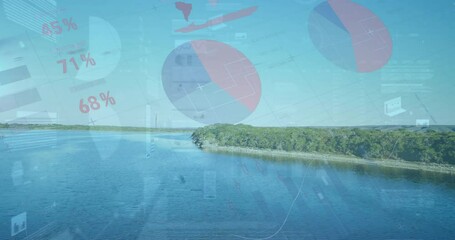 Poster - Data visualization animation over serene river landscape with lush greenery