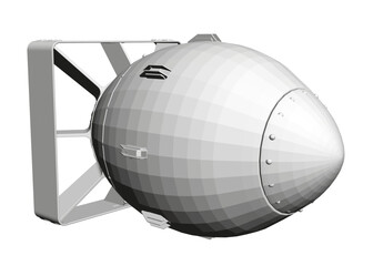 Poster - A white model of a bomb with a black stripe on the side. The bomb is in a 3D rendering