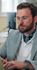 Poster - Business, man and typing on laptop in office for financial report and company payroll system. Bookkeeper, employee and digital review of finance records, data entry and tracking budget performance