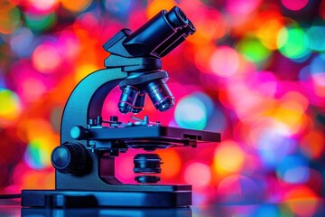Poster - Colorful microscope illuminated by vibrant bokeh background at a scientific lab