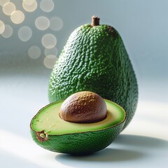 Poster - fresh avocado halves with visible pit on a soft background illuminated by gentle light reflections