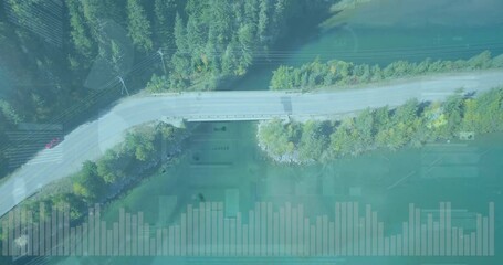 Poster - Aerial view of road over water with data processing animation overlay