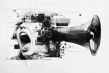 Poster - Creative expression through visual art showcasing a face yelling with abstract elements and a megaphone in a black and white design