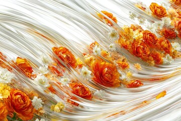 Poster - A vibrant floral display featuring orange ranunculus and delicate white flowers flowing through an abstract, textured, light background, creates an eye-catching visual.