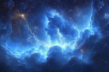 Poster - Majestic blue cosmic clouds illuminated by lightning in a vibrant night sky over an expansive universe