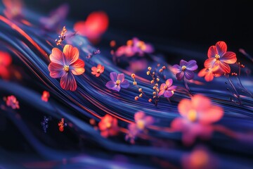 Poster - A vibrant floral fantasy with red and purple flowers flowing on a blue stream of light, creating a modern, dreamlike botanical art piece.