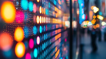 Fototapete - Vibrant multicolored LED display at night, blurred city background, bokeh lights, financial data, urban scene