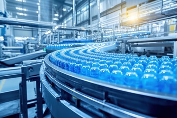 Poster - automated bottling plant production line: blue plastic bottles moving on a conveyor belt, filling, c