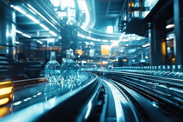 Poster - Automated bottling process in a factory, featuring clear glass bottles on a conveyor belt, emphasizing industrial production, advanced technology, and streamlined manufacturing.