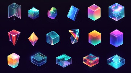 Poster - Abstract isometric icons set, various elements, digital design. Possible use Design assets for apps illustration
