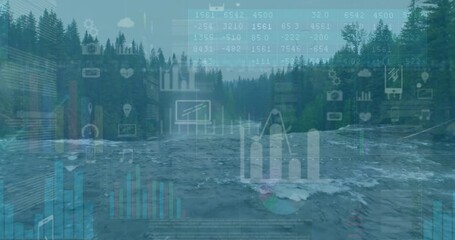 Poster - Data analytics and graphs animation over river flowing through forest landscape