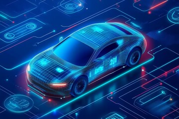 Poster - Futuristic electric car showcasing digital interface and technology in modern urban environment